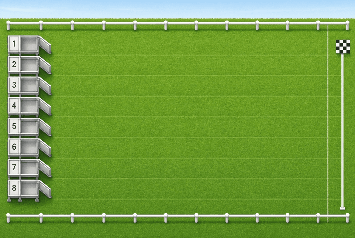 Eight-lane turf track, gates on the left, finish on the right